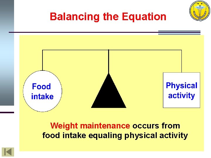 Balancing the Equation Weight maintenance occurs from food intake equaling physical activity 