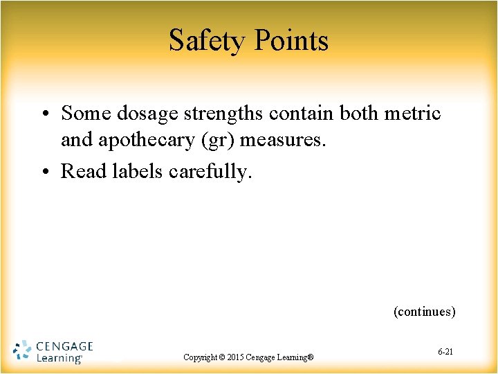Safety Points • Some dosage strengths contain both metric and apothecary (gr) measures. •