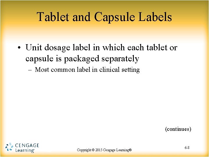 Tablet and Capsule Labels • Unit dosage label in which each tablet or capsule