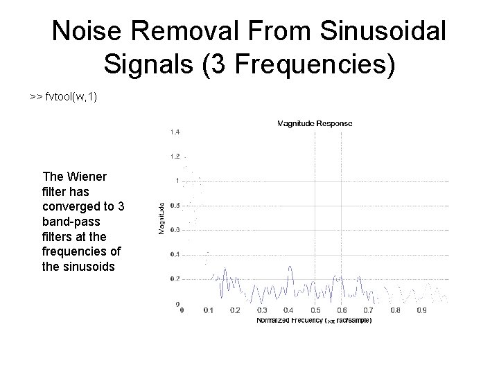 Noise Removal From Sinusoidal Signals (3 Frequencies) >> fvtool(w, 1) The Wiener filter has