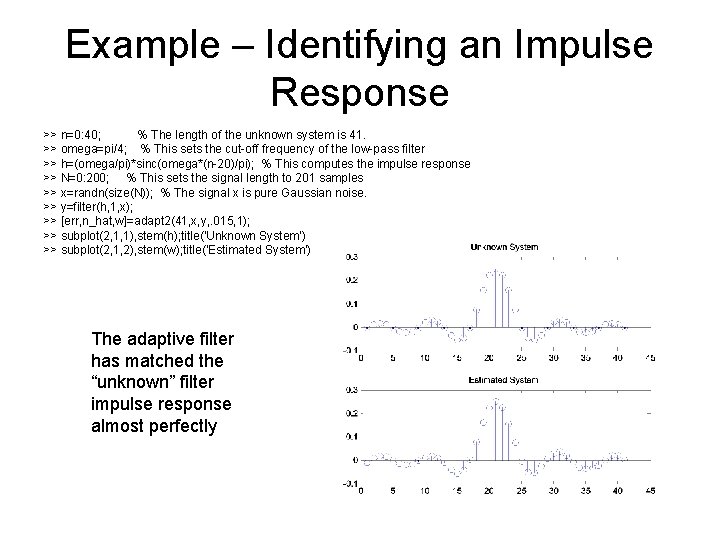 Example – Identifying an Impulse Response >> n=0: 40; % The length of the