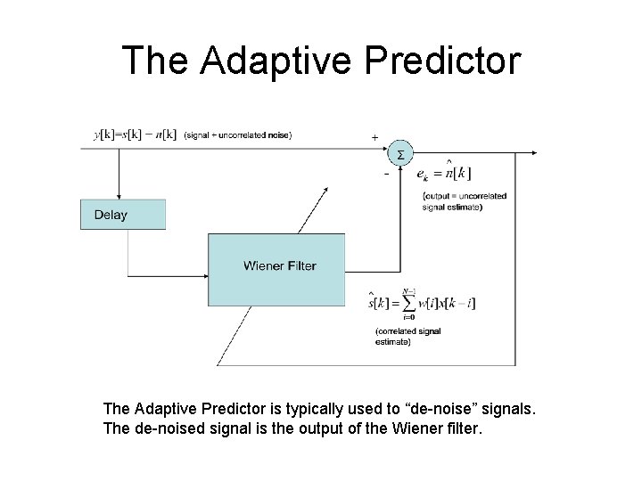 The Adaptive Predictor is typically used to “de-noise” signals. The de-noised signal is the