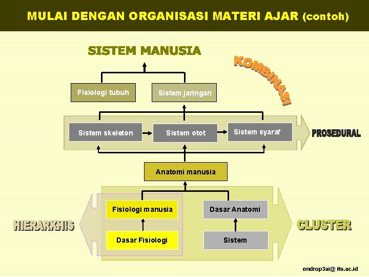 MULAI DENGAN ORGANISASI MATERI AJAR (contoh) Fisiologi tubuh Sistem skeleton Sistem jaringan Sistem syaraf