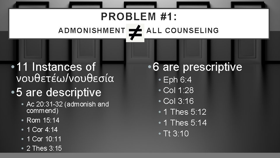 PROBLEM #1: ADMONISHMENT ALL COUNSELING • 11 Instances of νουθετέω/νουθεσία • 5 are descriptive