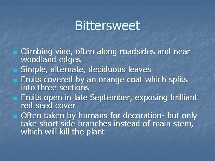 Bittersweet n n n Climbing vine, often along roadsides and near woodland edges Simple,