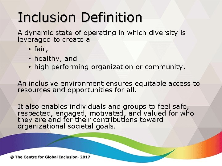Inclusion Definition A dynamic state of operating in which diversity is leveraged to create