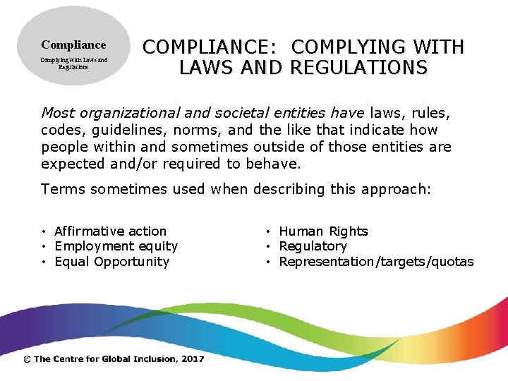 Compliance Complying with Laws and Regulations COMPLIANCE: COMPLYING WITH LAWS AND REGULATIONS Most organizational
