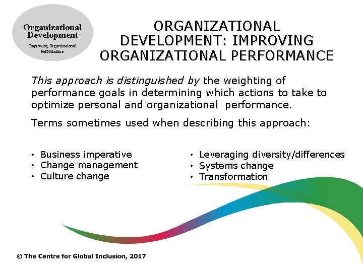 Organizational Development Improving Organizational Performance ORGANIZATIONAL DEVELOPMENT: IMPROVING ORGANIZATIONAL PERFORMANCE This approach is distinguished