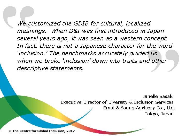 We customized the GDIB for cultural, localized meanings. When D&I was first introduced in