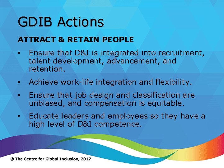 GDIB Actions ATTRACT & RETAIN PEOPLE • Ensure that D&I is integrated into recruitment,