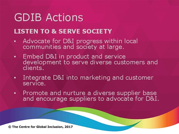 GDIB Actions LISTEN TO & SERVE SOCIETY • Advocate for D&I progress within local