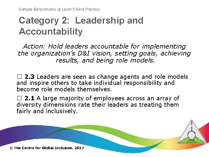 Sample Benchmarks at Level 5 Best Practice Category 2: Leadership and Accountability Action: Hold
