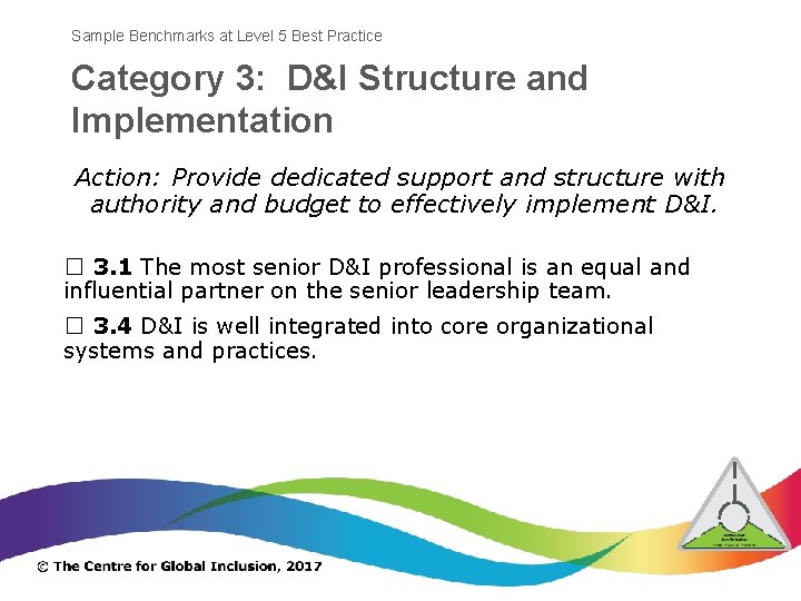 Sample Benchmarks at Level 5 Best Practice Category 3: D&I Structure and Implementation Action: