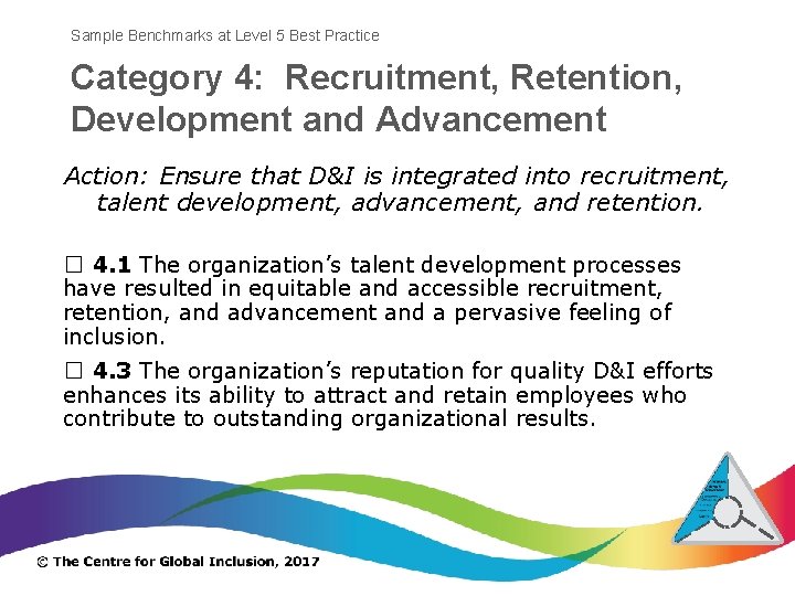 Sample Benchmarks at Level 5 Best Practice Category 4: Recruitment, Retention, Development and Advancement
