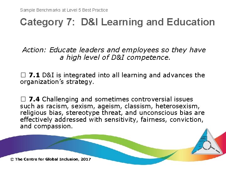 Sample Benchmarks at Level 5 Best Practice Category 7: D&I Learning and Education Action: