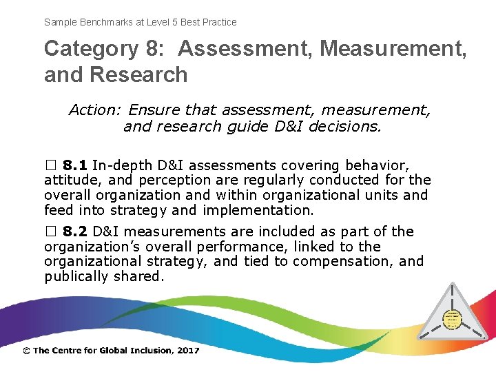 Sample Benchmarks at Level 5 Best Practice Category 8: Assessment, Measurement, and Research Action: