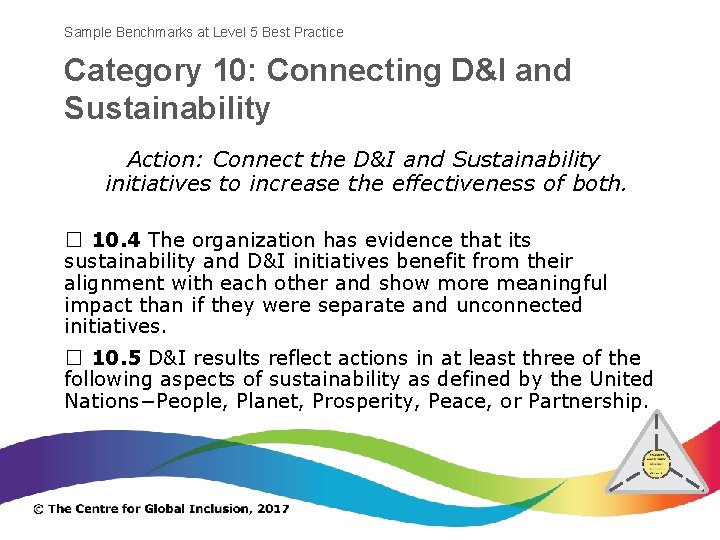 Sample Benchmarks at Level 5 Best Practice Category 10: Connecting D&I and Sustainability Action: