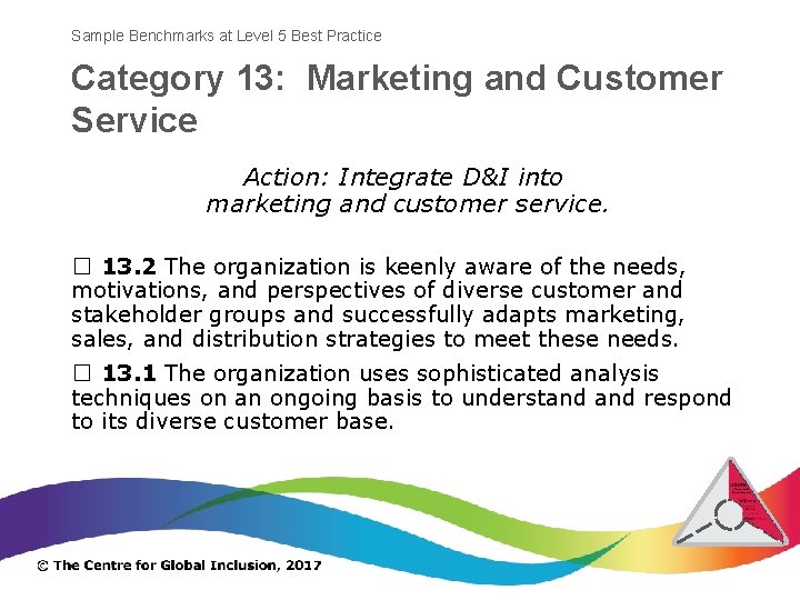 Sample Benchmarks at Level 5 Best Practice Category 13: Marketing and Customer Service Action:
