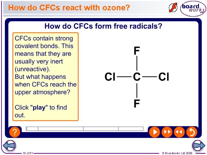 How do CFCs react with ozone? 10 of 51 © Boardworks Ltd 2009 