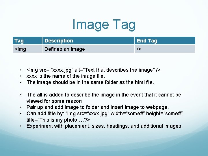 Image Tag Description End Tag <img Defines an image /> • <img src= “xxxx.
