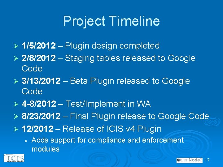Project Timeline 1/5/2012 – Plugin design completed Ø 2/8/2012 – Staging tables released to