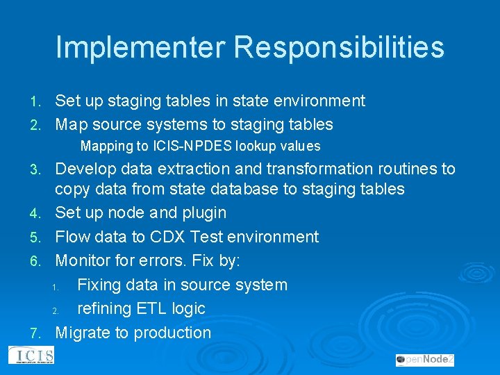 Implementer Responsibilities Set up staging tables in state environment 2. Map source systems to