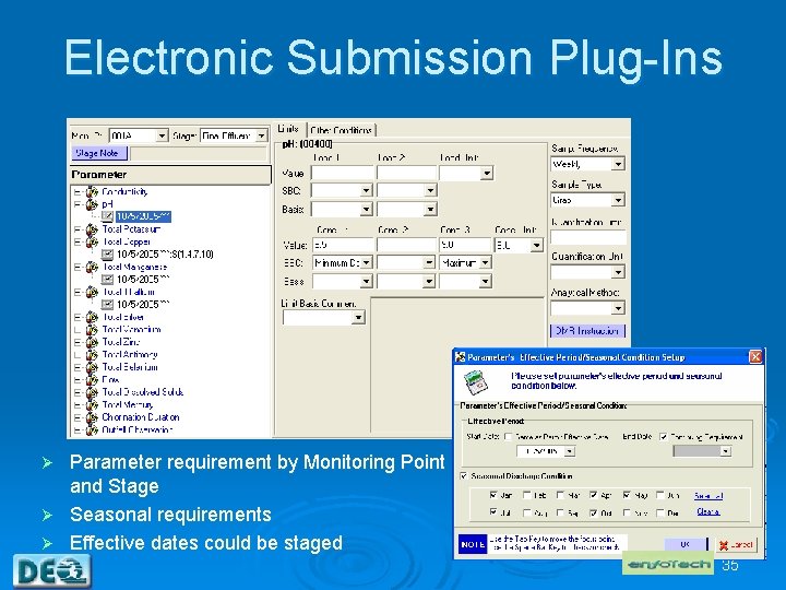 Electronic Submission Plug-Ins Parameter requirement by Monitoring Point and Stage Ø Seasonal requirements Ø
