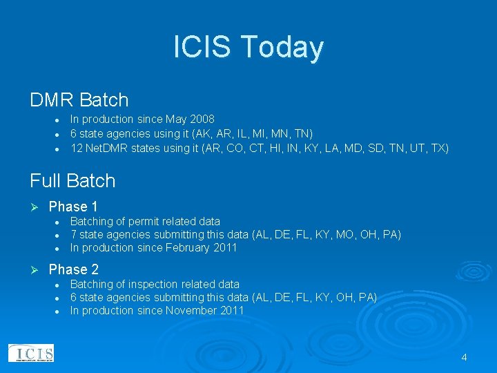 ICIS Today DMR Batch l l l In production since May 2008 6 state