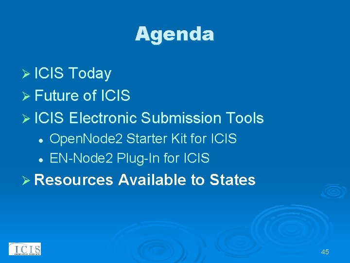 Agenda Ø ICIS Today Ø Future of ICIS Ø ICIS Electronic Submission Tools l