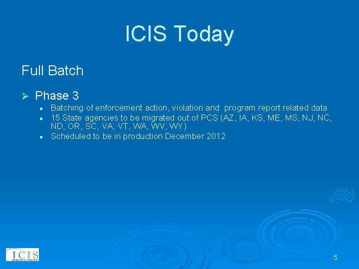 ICIS Today Full Batch Ø Phase 3 l l l Batching of enforcement action,