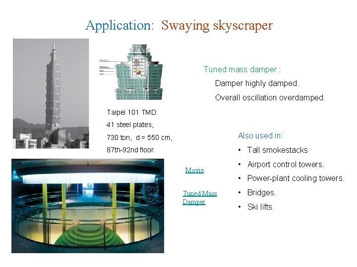 Application: Swaying skyscraper Tuned mass damper : Damper highly damped. Overall oscillation overdamped. Taipei