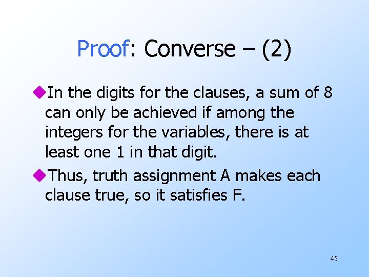 Proof: Converse – (2) u. In the digits for the clauses, a sum of