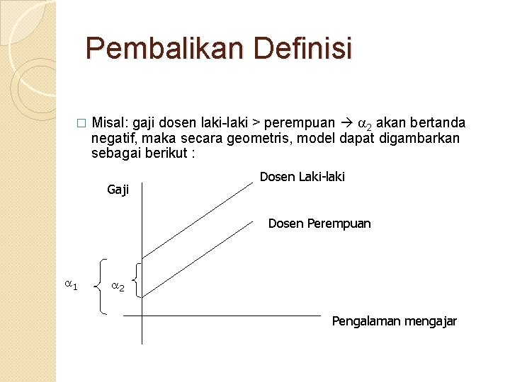 Pembalikan Definisi � Misal: gaji dosen laki-laki > perempuan 2 akan bertanda negatif, maka