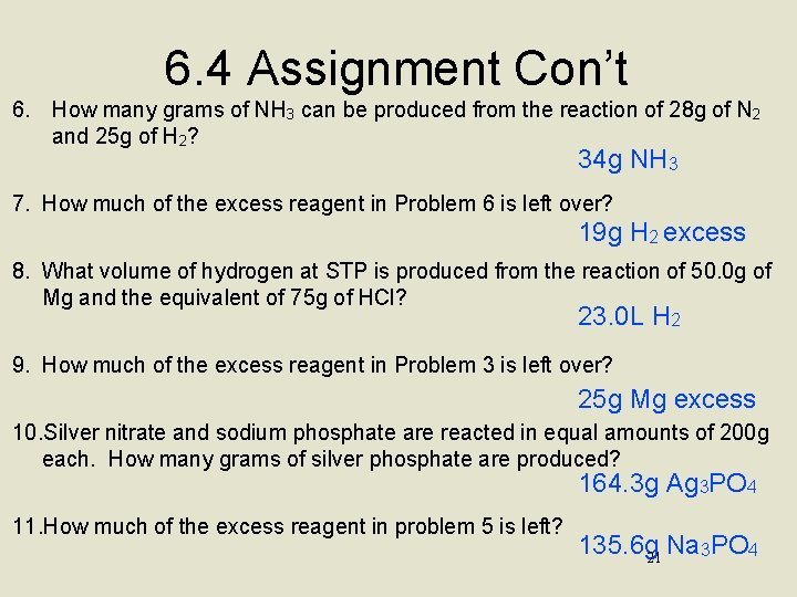 6. 4 Assignment Con’t 6. How many grams of NH 3 can be produced