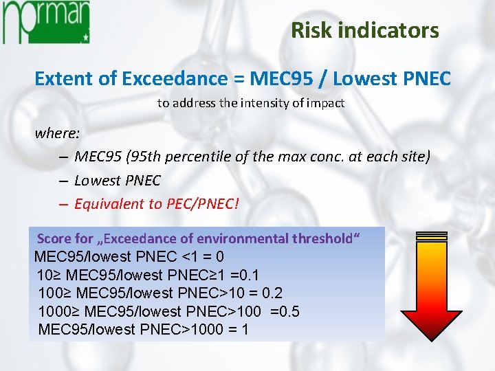 Risk indicators Extent of Exceedance = MEC 95 / Lowest PNEC to address the