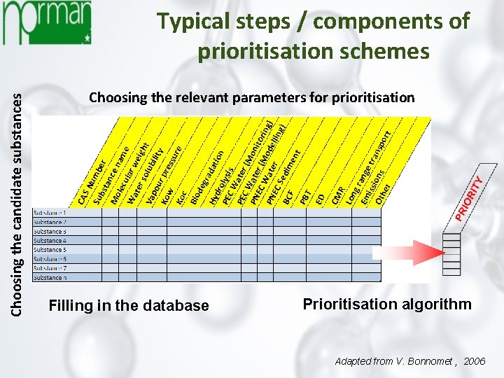 Choosing the candidate substances Typical steps / components of prioritisation schemes Choosing the relevant