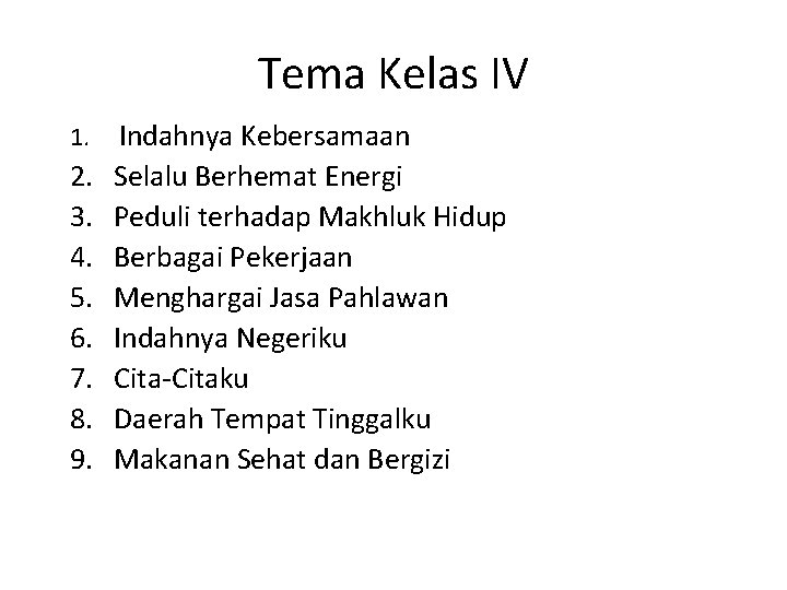 Tema Kelas IV 1. Indahnya Kebersamaan 2. Selalu Berhemat Energi 3. Peduli terhadap Makhluk