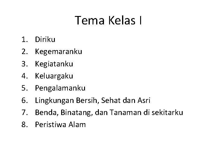 Tema Kelas I 1. 2. 3. 4. 5. 6. 7. 8. Diriku Kegemaranku Kegiatanku