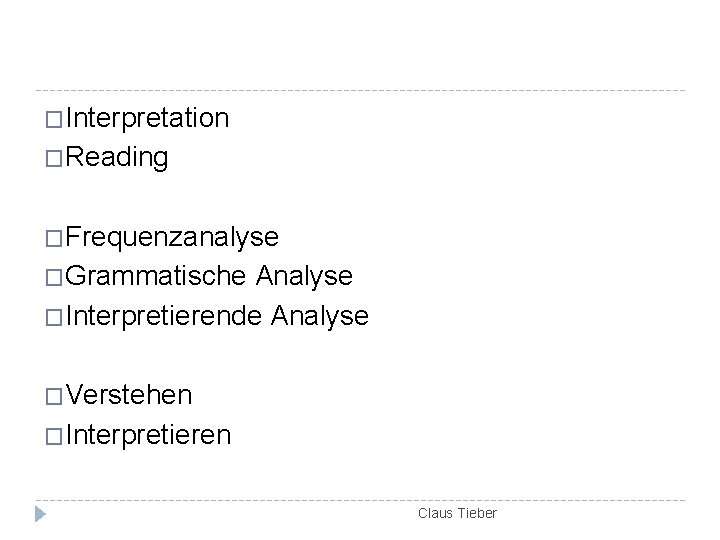 �Interpretation �Reading �Frequenzanalyse �Grammatische Analyse �Interpretierende Analyse �Verstehen �Interpretieren Claus Tieber 