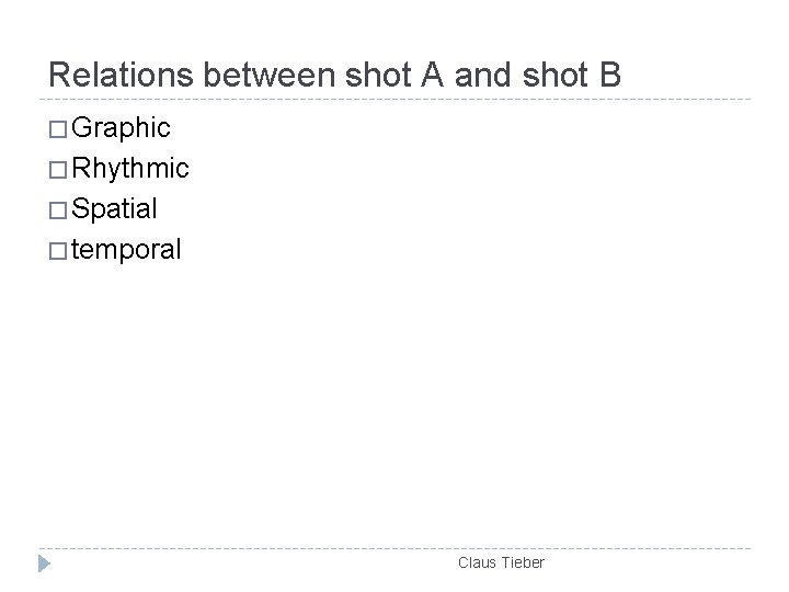 Relations between shot A and shot B � Graphic � Rhythmic � Spatial �