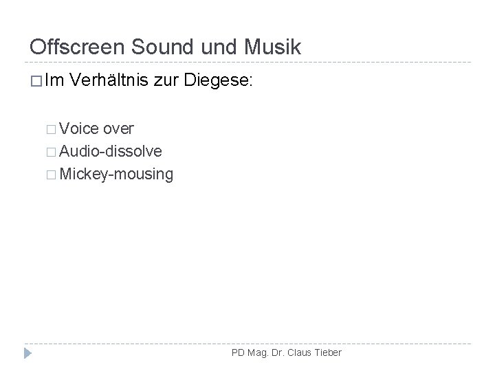 Offscreen Sound Musik � Im Verhältnis zur Diegese: � Voice over � Audio-dissolve �