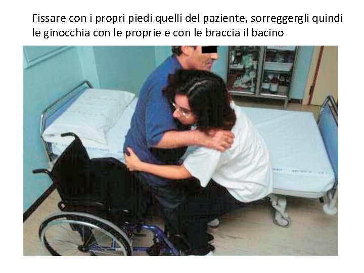 Fissare con i propri piedi quelli del paziente, sorreggergli quindi le ginocchia con le