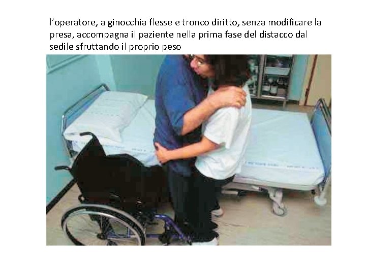 l’operatore, a ginocchia flesse e tronco diritto, senza modificare la presa, accompagna il paziente