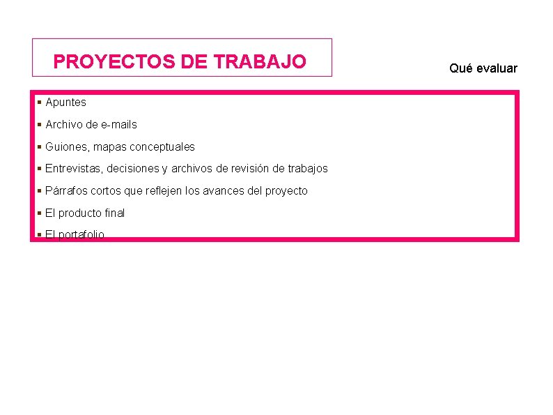 PROYECTOS DE TRABAJO Apuntes Archivo de e-mails Guiones, mapas conceptuales Entrevistas, decisiones y