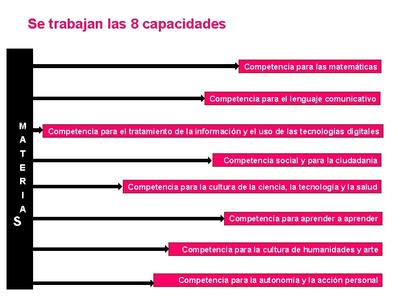 Se trabajan las 8 capacidades Competencia para las matemáticas Competencia para el lenguaje comunicativo