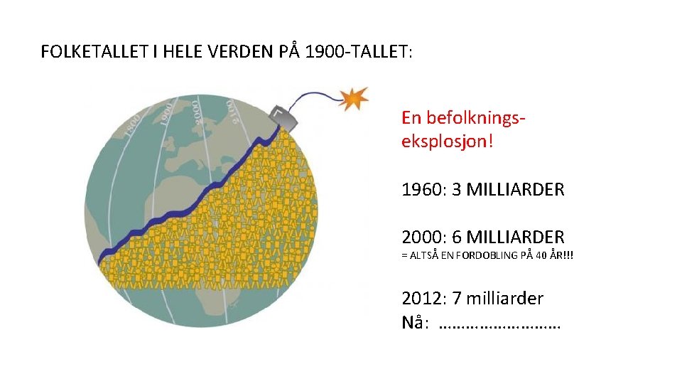 FOLKETALLET I HELE VERDEN PÅ 1900 -TALLET: En befolkningseksplosjon! 1960: 3 MILLIARDER 2000: 6