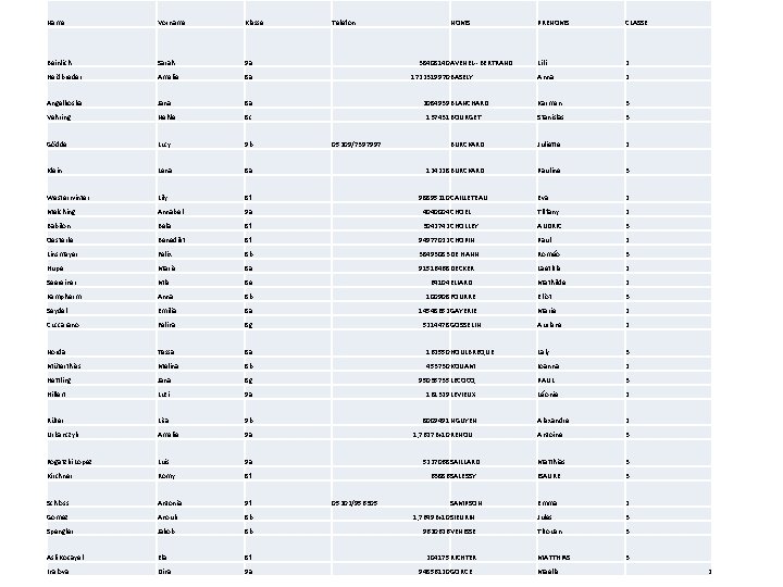 Name Vorname Klasse Telefon NOMS PRENOMS CLASSE Beinlich Sarah 9 a Lili 2 Heidbreder