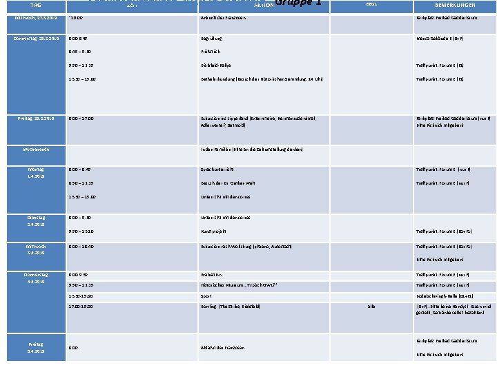 Schüleraustausch 2019 in Bielefeld– ZEIT AKTION Gruppe 1 TAG Mittwoch, 27. 3. 2019 Donnerstag,