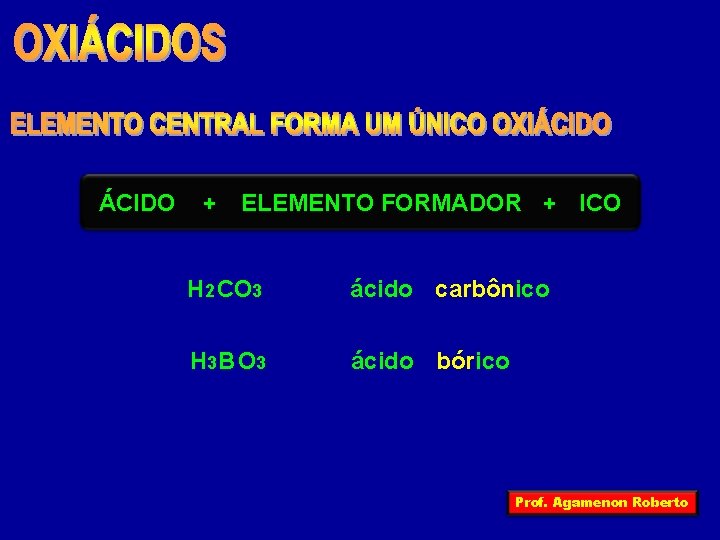 ÁCIDO + ELEMENTO FORMADOR + ICO H 2 CO 3 ácido carbônico H 3