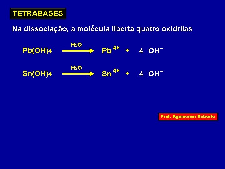 TETRABASES Na dissociação, a molécula liberta quatro oxidrilas Pb(OH)4 Sn(OH)4 H 2 O Pb